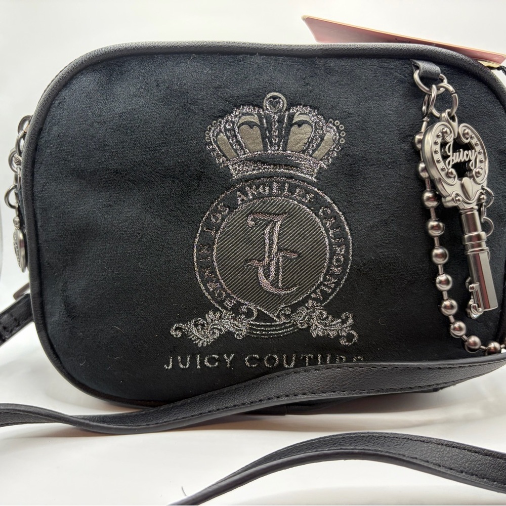 Juicy Couture Black Suede Embroidered Crest Crossbody